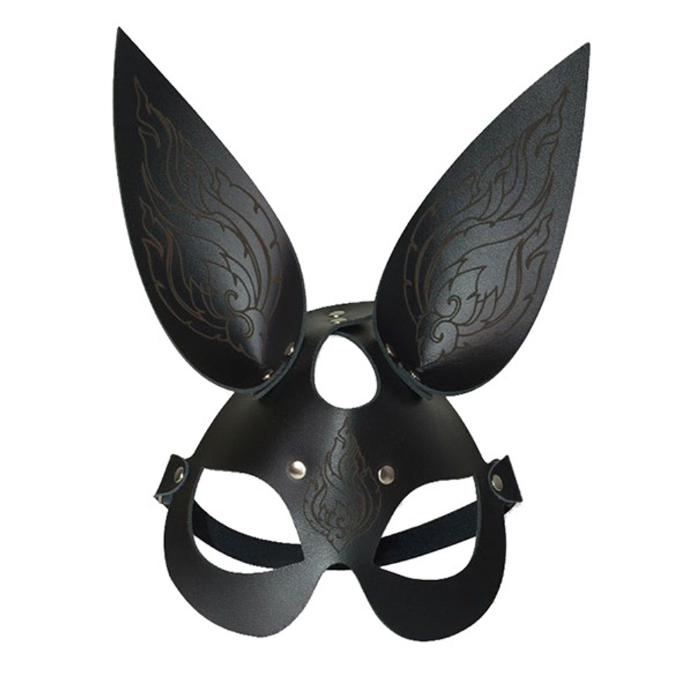 Чёрная кожаная маска Зайка с длинными ушками и эффектом тату Sitabella BDSM Accessories 3186-1g