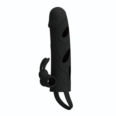 Чёрная насадка с клиторальным вибростимулятором и закрытой головкой - 14 см. (Цвет: черный)