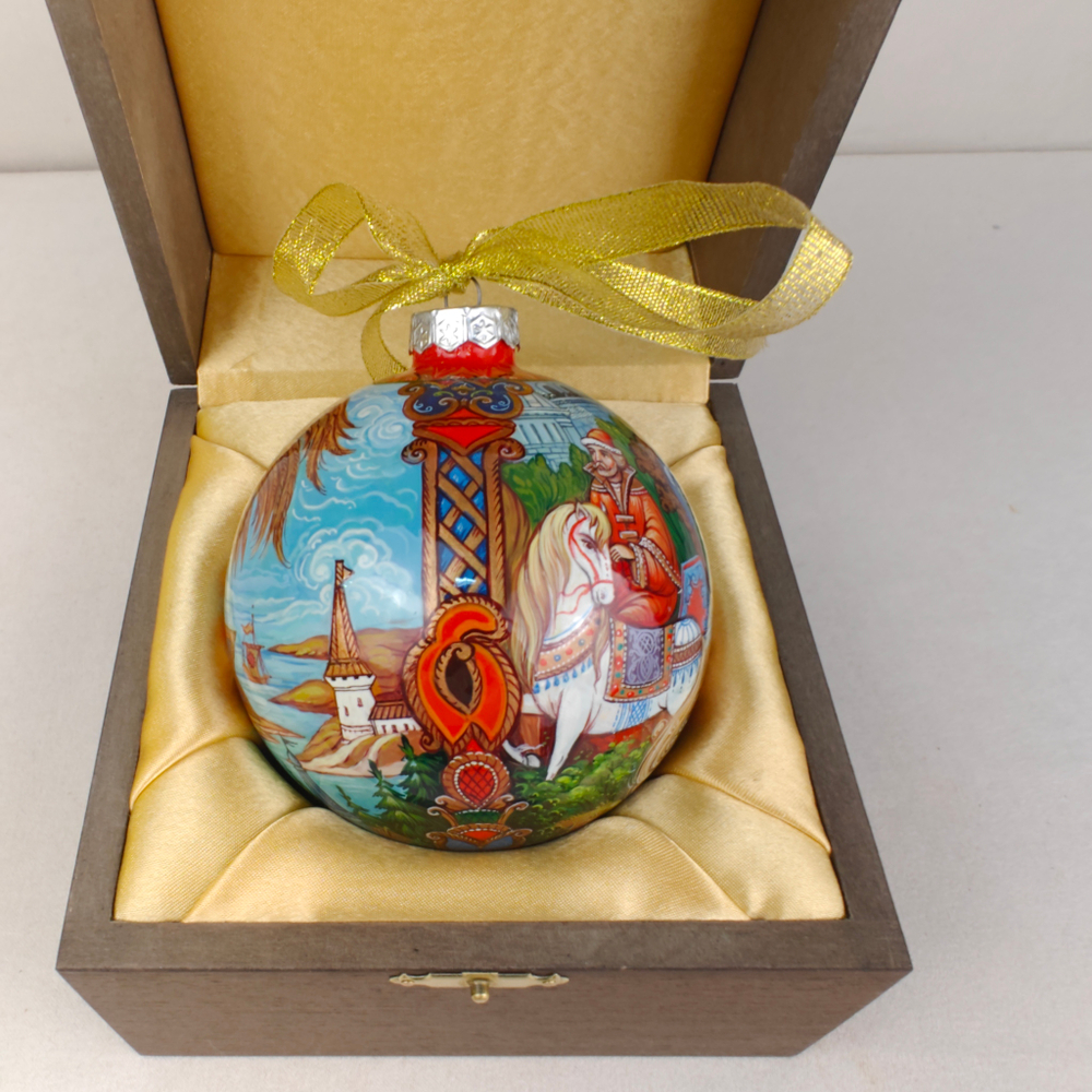 Шар новогодний с круговой росписью Палех "Золотой петушок" в футляре