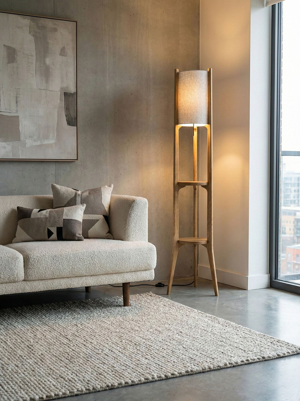 Дизайнерский торшер Esta из дуба в интерьере стиля Лофт