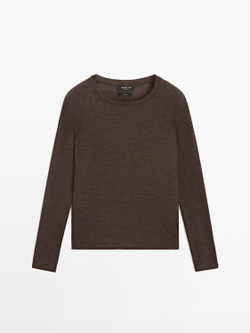 Massimo Dutti Шерстяная футболка с рукавами реглан, коричневый