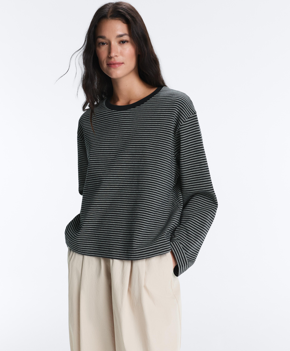 Oysho Футболка Relaxed Fit с длинными рукавами из смесового хлопка в полоску, черный