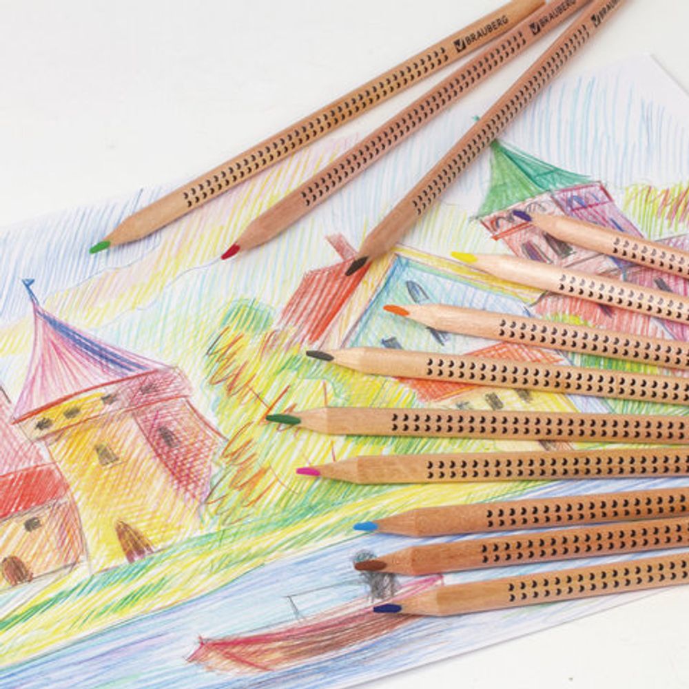 Карандаши цветные BRAUBERG "Цветы", набор 18 цветов, трехгранные, лакированное дерево, 181289