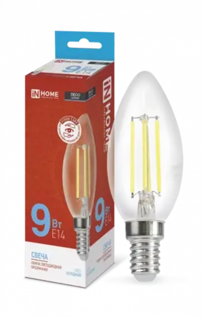 Лампа светодиодная LED-СВЕЧА-deco 9Вт 230В Е14 6500К ХОЛОДНЫЙ 1040Лм прозрачная IN HOME