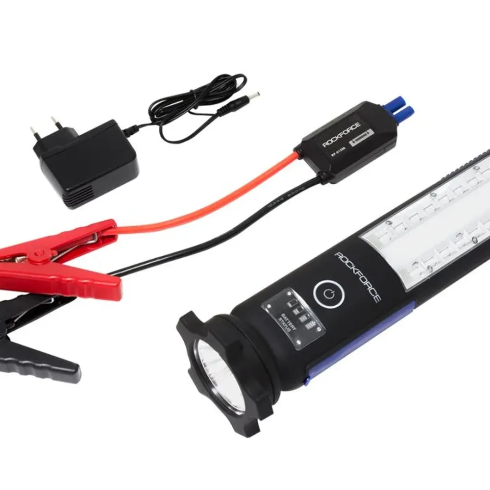 Фонарь светодиодный аккумуляторный с накопителем и функцией пуска а/м(12V,12000mAH,400Amp,480/60Lumen-бок/торц.свет,водонепр.IP54, магит,инд. зарядки) RockForce##Rock FORCE RF-01396