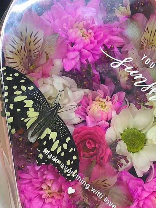 Коробочка с цветами и живой бабочкой  #2998