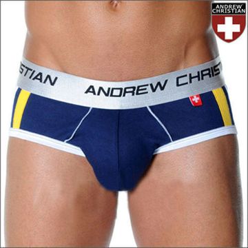Мужские трусы брифы синие с передним  пуш-ап Andrew Christian Shock Jock Racer Brief Navy  AC53