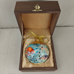 Шар новогодний с ручной росписью Палех "Лиса и зайцы"