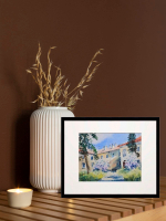 Картина авторская акварельная в паспарту 21х30 см на стену для интерьера "Сирень во дворе"