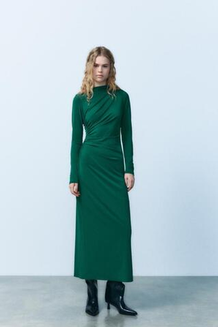 ZARA ПЛАТЬЕ МИДИ СО СБОРКОЙ, ТЕМНО-ЗЕЛЕНЫЙ