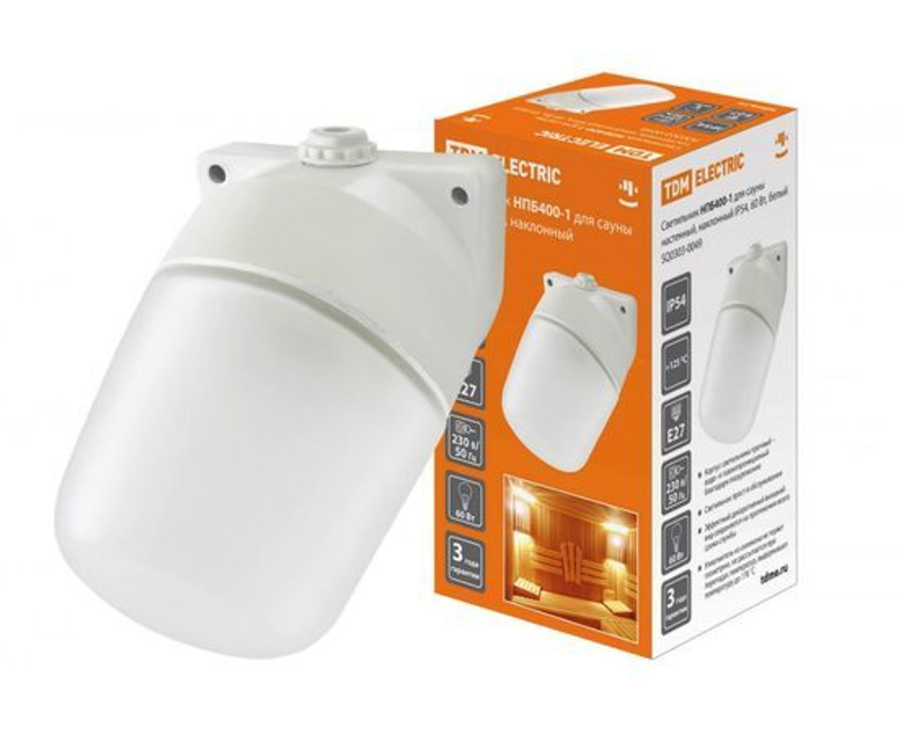 Настенный светильник для сауны TDM НПБ400-1, IP54, 60 Вт, белый, наклонный SQ0303-0049