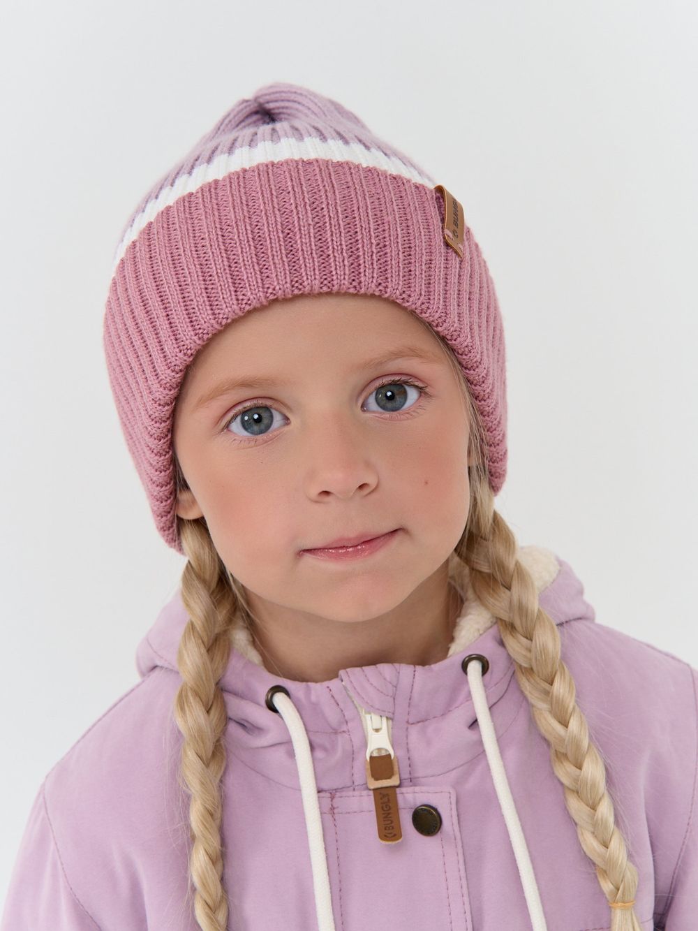 Шапка тыква из смесовой шерсти однослойная Колор блок "Розовая дымка"