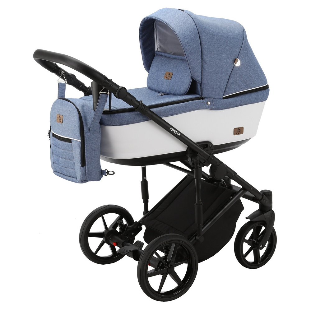 Детская коляска Adamex Amelia 3 в 1 AM239-TIP (ГОЛУБ.ДЖИНС.ТК.+БЕЛАЯ КОЖА)