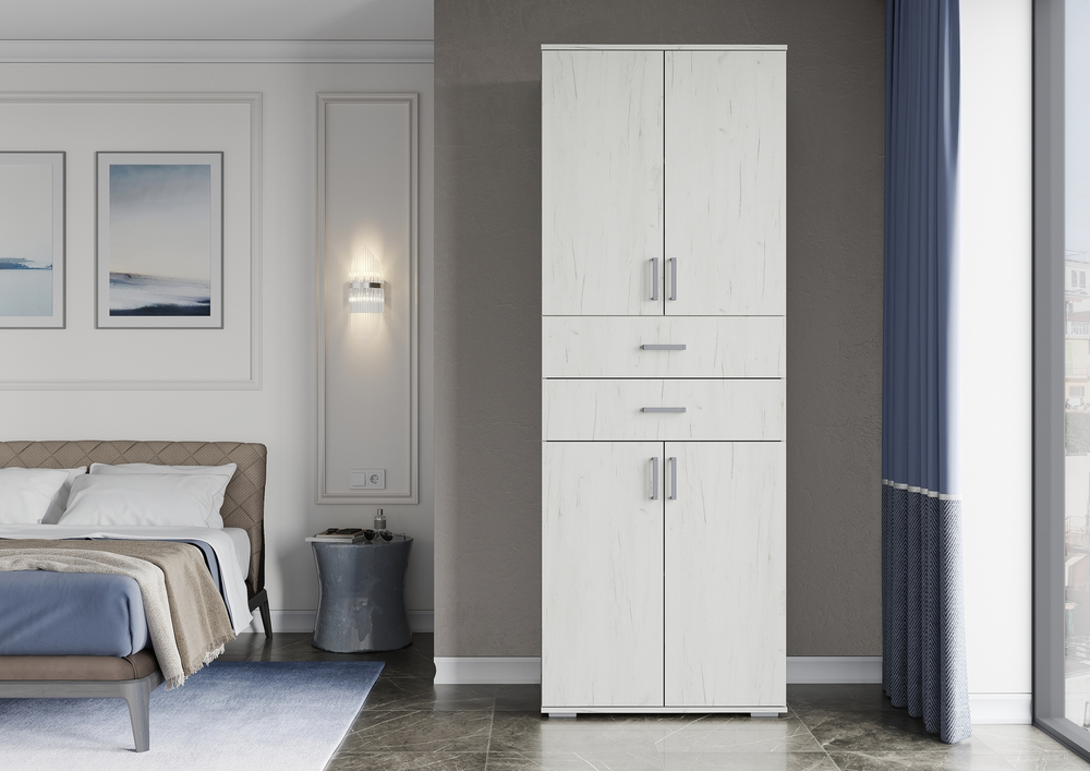 НЕЛЬСОН-5 Шкаф 2-х дверный с полками и ящиками Дуб крафт белый / Дуб крафт белый