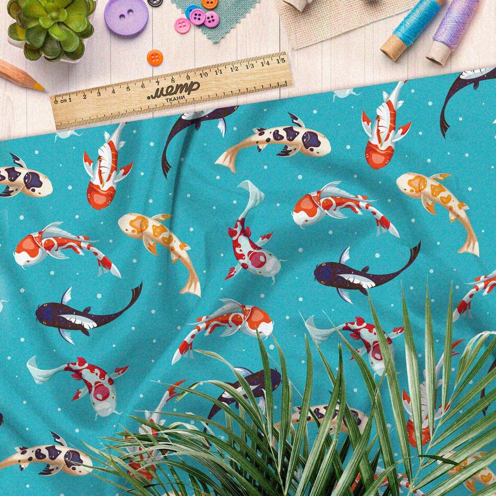 Ткань ниагара японские карпы на бирюзовом фоне