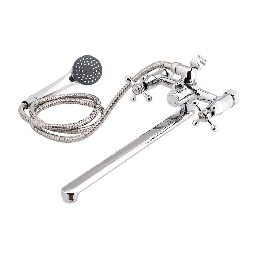 67-6-018 Смеситель ECO двухвент. для ванны,лейка, шланг,латун.кран-букса, плоск.гус., B23-351