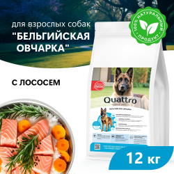 Корм сухой для взрослых собак породы Бельгийская овчарка, премиум полнорационный комплекс, с лососем, 12 кг, QUATTRO