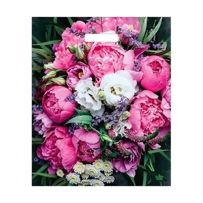 Пакет ПЭ с вырубной ручкой 38+3Тико ламинация (Пионы) Россия (комплект 50 шт)