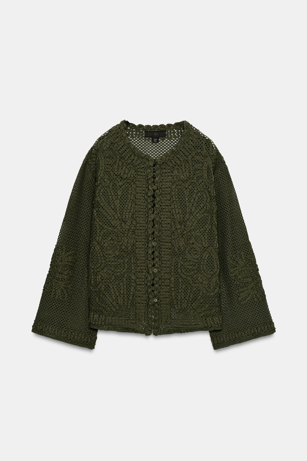 ZARA КАРДИГАН ИЗ КРУЖЕВА КРОШЕ С КОНТРАСТНЫМИ ДЕТАЛЯМИ, ХАКИ