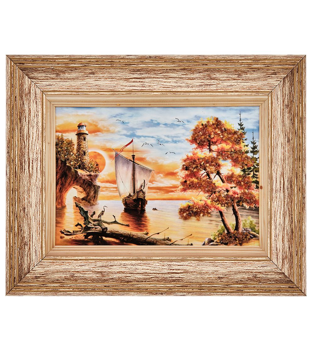 AMB-01/29 Картина «Морская гармония» (с янтарной крошкой) пласт.рамка 33х42см