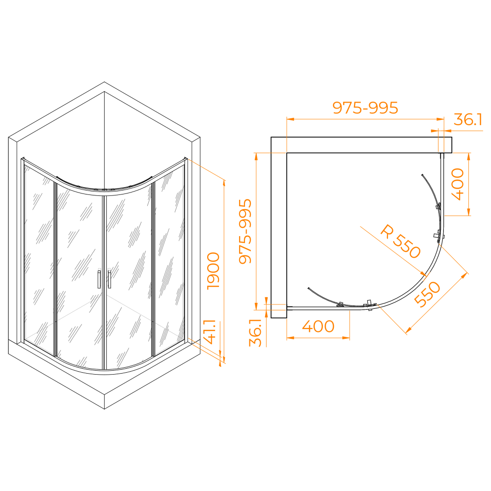 Душевой уголок полукруглый, стеклянный с раздвижными дверями на роликах - RGW PA-51B (Прозрачное, 1000x1000)