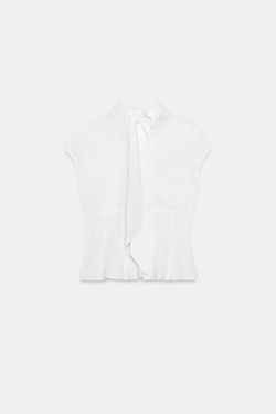 ZARA ТОП ИЗ ПОПЛИНА С ВЫРЕЗОМ И ЗАВЯЗКАМИ, БЕЛЫЙ