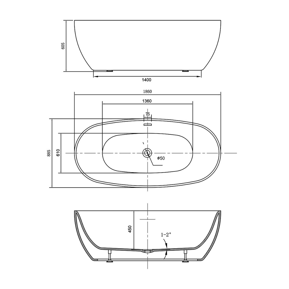 Ванна акриловая Vincea VBT-405-1860, 1860*885*605, цвет белый, щелевой перелив