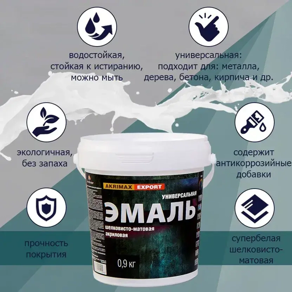 Краска, Эмаль без запаха 0,9 кг AKRIMAX эмаль для наружных и внутренних работ универсальная, водостойкая, краска по металлу, Акриловая быстросохнущая шелковисто-матовое покрытие, белый