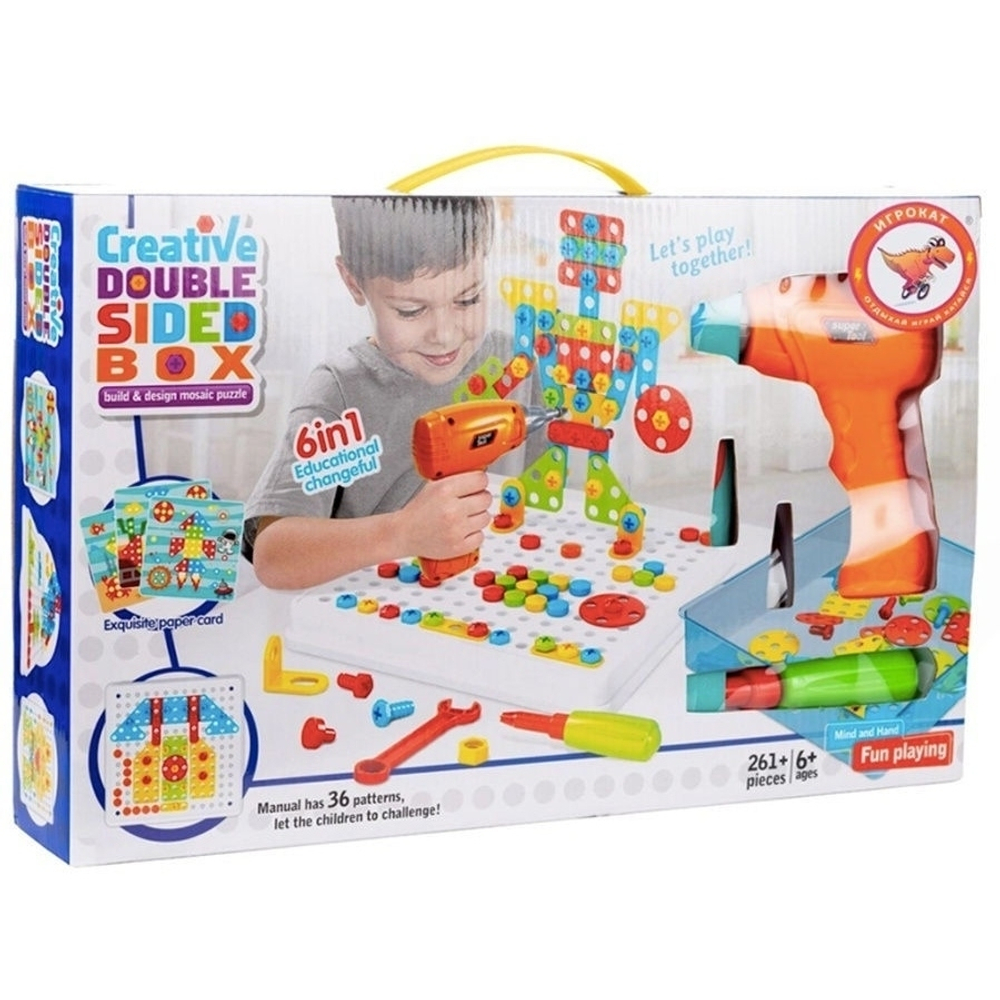 Конструктор мозаика с шуруповёртом 261 деталей Creative Double Sided Box 6в1