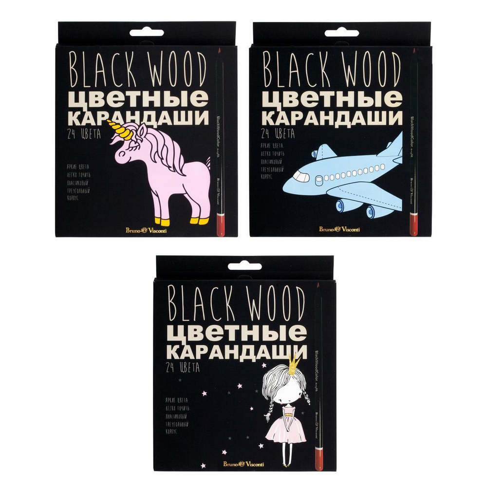 Карандаши 24цв. пластик. 3 вида "BlackWoodColor" (BrunoVisconti)