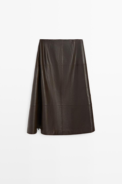 Massimo Dutti Юбка-миди из кожи наппа с завязками, коричневый