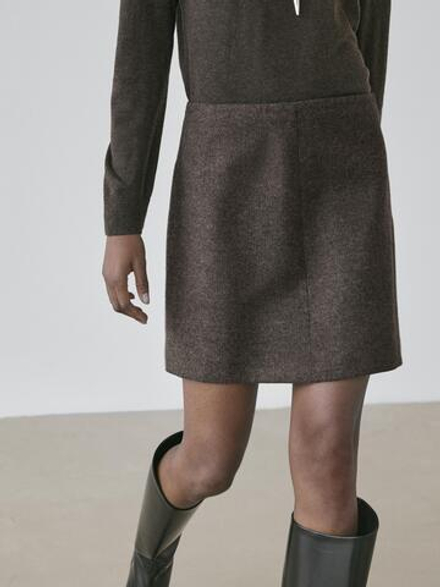 Massimo Dutti Мини-юбка из шерстяной смеси, шоколадный
