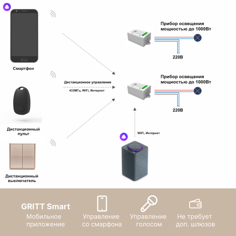 Умный беспроводной выключатель GRITT Elegance 2кл. золотистый комплект: 1 выкл., 2 реле 1000Вт 433 + WiFi с управлением со смартфона, E181220SGWF