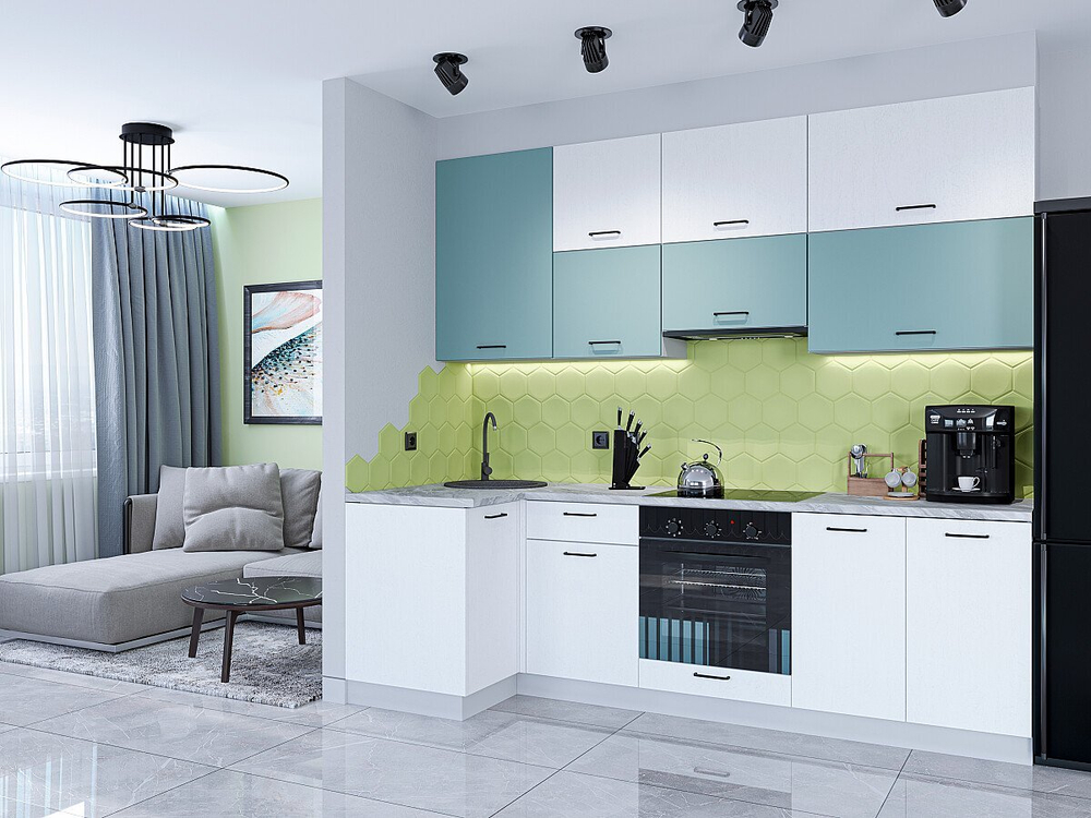 Угловая модульная кухня Флэт-04 Grey-green In 2S/White In 2S - Белый 2340*1000/2500*600
