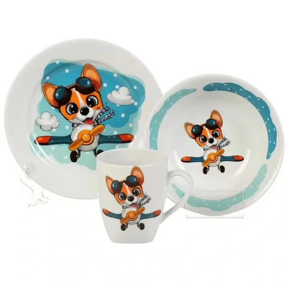 Набор детской посуды фарфор, 3 шт, Летчик Корги, тарелка 17.5 см, салатник 360 мл, кружка 210 мл, Daniks