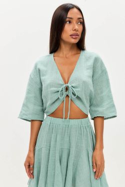 Блуза с завязками из хлопка stone wash мятного цвета