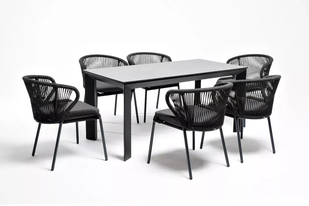 "Венето" обеденная группа на 6 персон со стульями "Милан", каркас темно-серый, роуп темно-серый