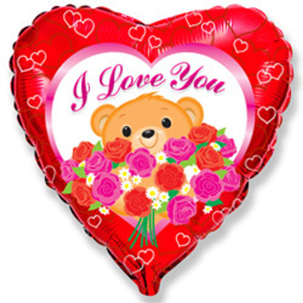 Ф 18" Сердце Медведь с розами Красный