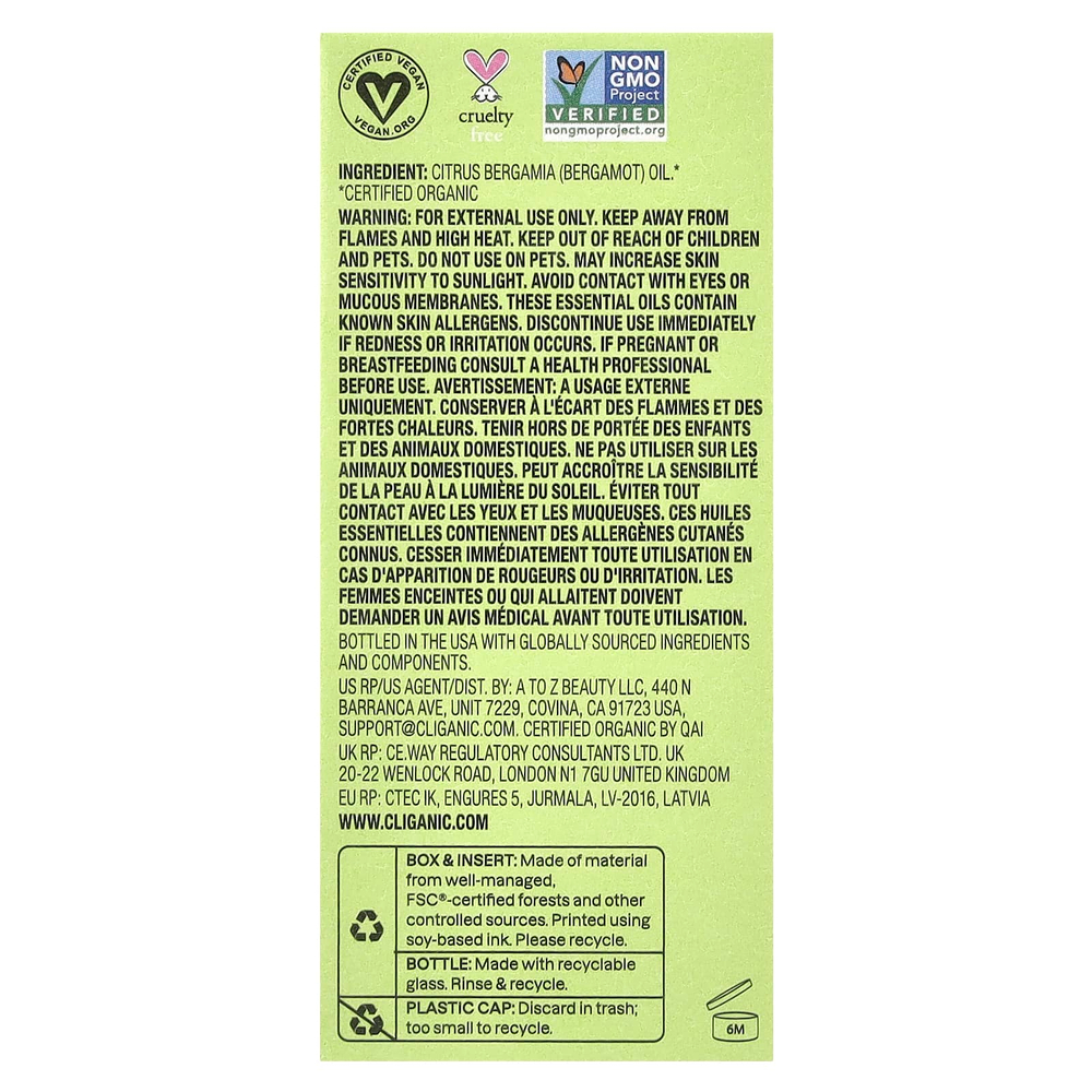 Cliganic, Moment of Elation ™, органическое эфирное масло бергамота, 10 мл (0,34 жидк. Унции)