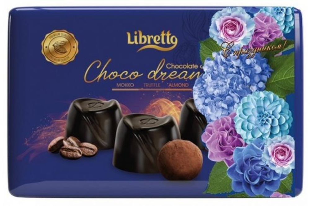 Набор конфет Либретто в темном шоколаде с начинками: мокко, трюфельный крем, миндальный крем / Libretto Assorted Dark Chocolate metal box 200г
