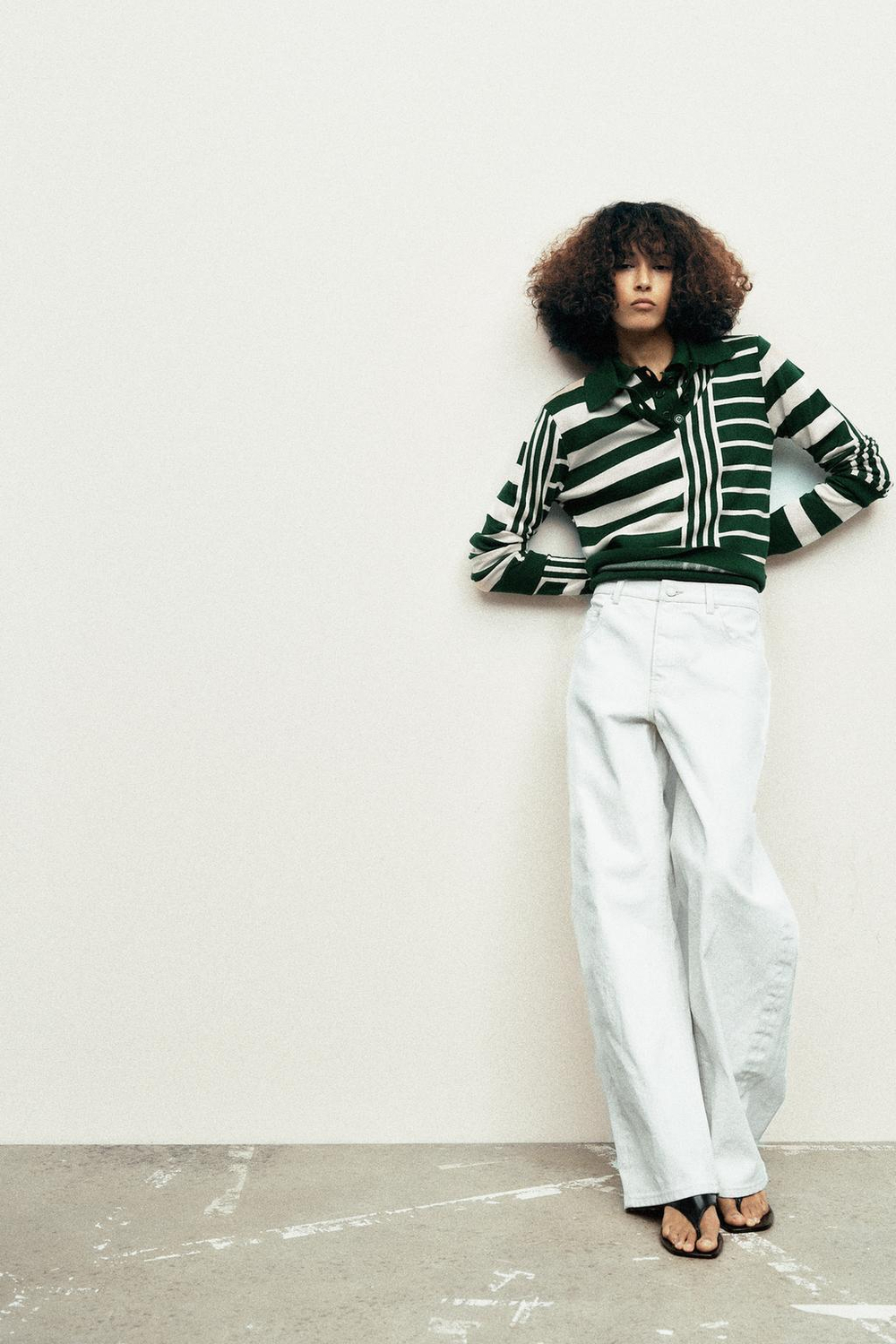 ZARA СВИТЕР В ПОЛОСКУ С ВОРОТНИКОМ ПОЛО, ЗЕЛЕНЫЙ