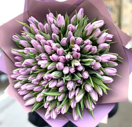 101 сиреневый тюльпан в элегантном оформлении от Флора Маркет