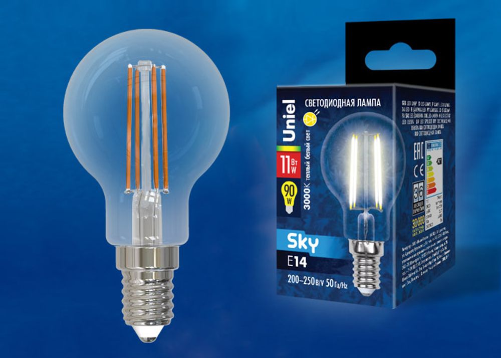LED-G45-11W/3000K/E14/CL PLS02WH Лампа светодиодная. Форма шар, прозрачная. Серия Sky. Теплый белый свет (3000К). Картон. ТМ Uniel.