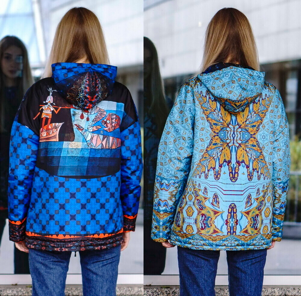 Двусторонняя куртка "Связь времён. Синее и голубое", по мотивам живописи Пауль Клее и знаменитого трактата Андреаса Целлариуса "Гармония Макрокосмоса"