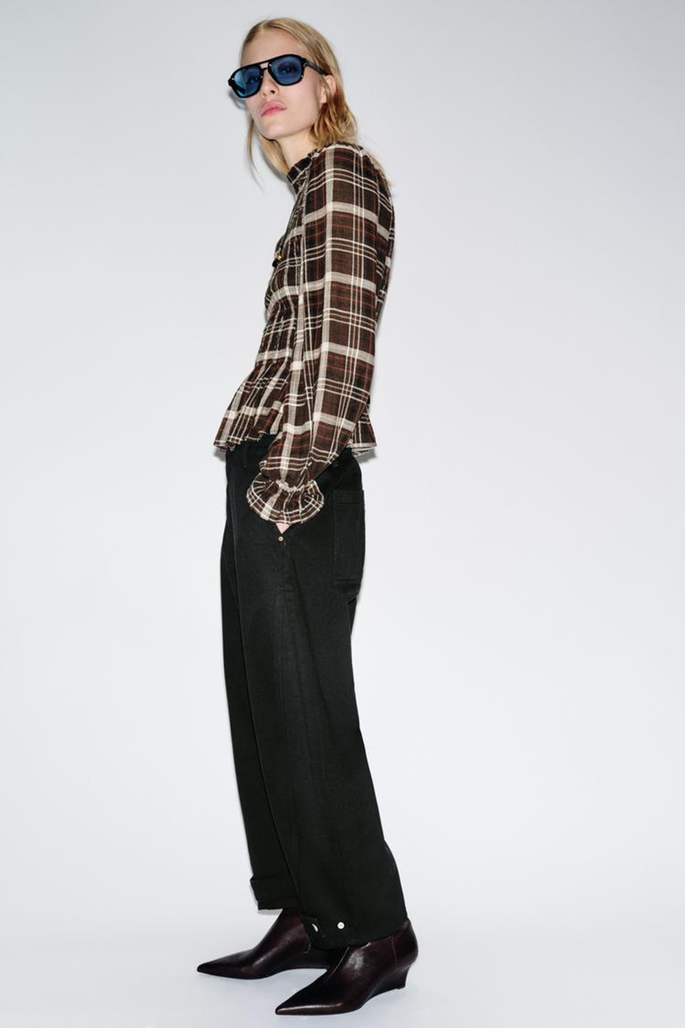 ZARA РУБАШКА В КЛЕТКУ С ЭЛАСТИЧНЫМ ЖАТЫМ УЗОРОМ, КОРИЧНЕВЫЙ/ЭКРЮ