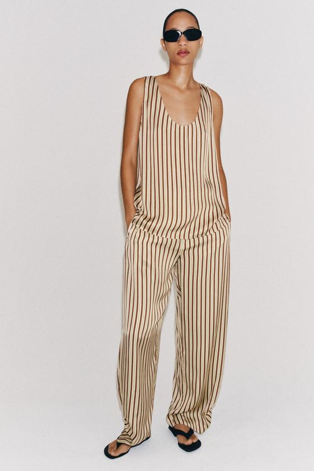 ZARA БРЮКИ BALLOON В ПОЛОСКУ ZW COLLECTION, ЭКРЮ/ГРАНАТОВЫЙ