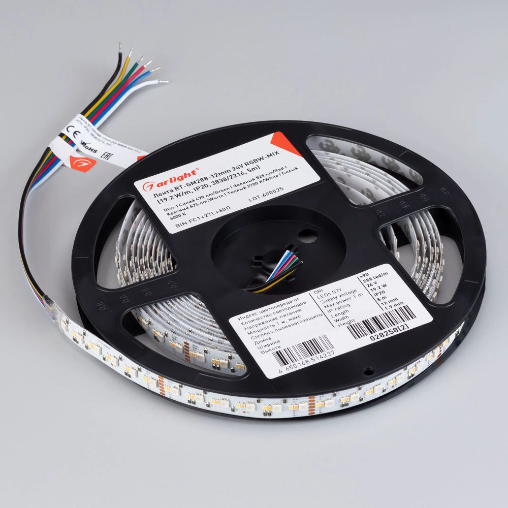 Светодиодная лента RT-GM288-12mm 24V RGBW-MIX (19.2 W/m, IP20, 3838/2216, 5m) (Arlight, Открытый) 028258(2)