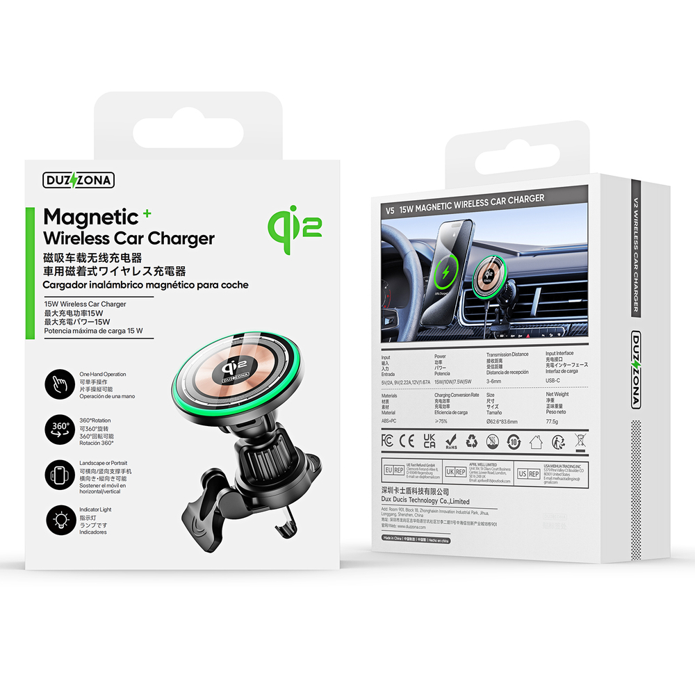 Магнитное беспроводное автомобильное зарядное устройство MagSafe, версия V5 Qi2 Magnetic 15W, Duzzona