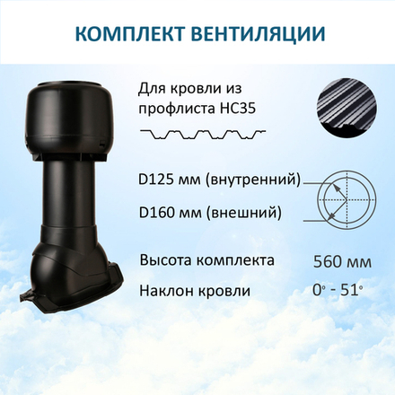 Комплект вентиляции: Вентиляционный выход изолированный D125/160 утепленный высота H=500 мм, проходной элемент PROF-35 для металлопрофиля кровельного профнастила 35мм, колпак вентиляционный D160 мм, черный