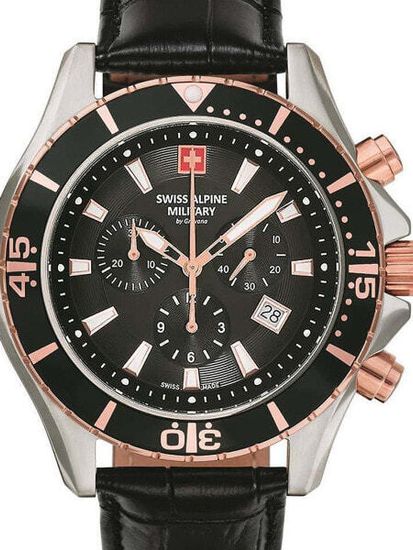С ремешком Мужские наручные часы с черным кожаным ремешком Swiss Alpine Military 7040.9557 chronograph 44mm 10ATM